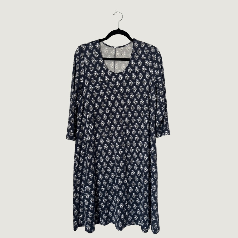 Garnet Hill A-Line Dress Womens M Navy Blue Floral Botanical Modest Eco Friendly